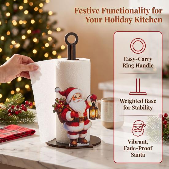 Rustic Winter Home Accessories Christmas Wooden Paper Towel Holder, Decorative Vertical Roll Dispenser, Gift for Stable Weighted Base Organizer