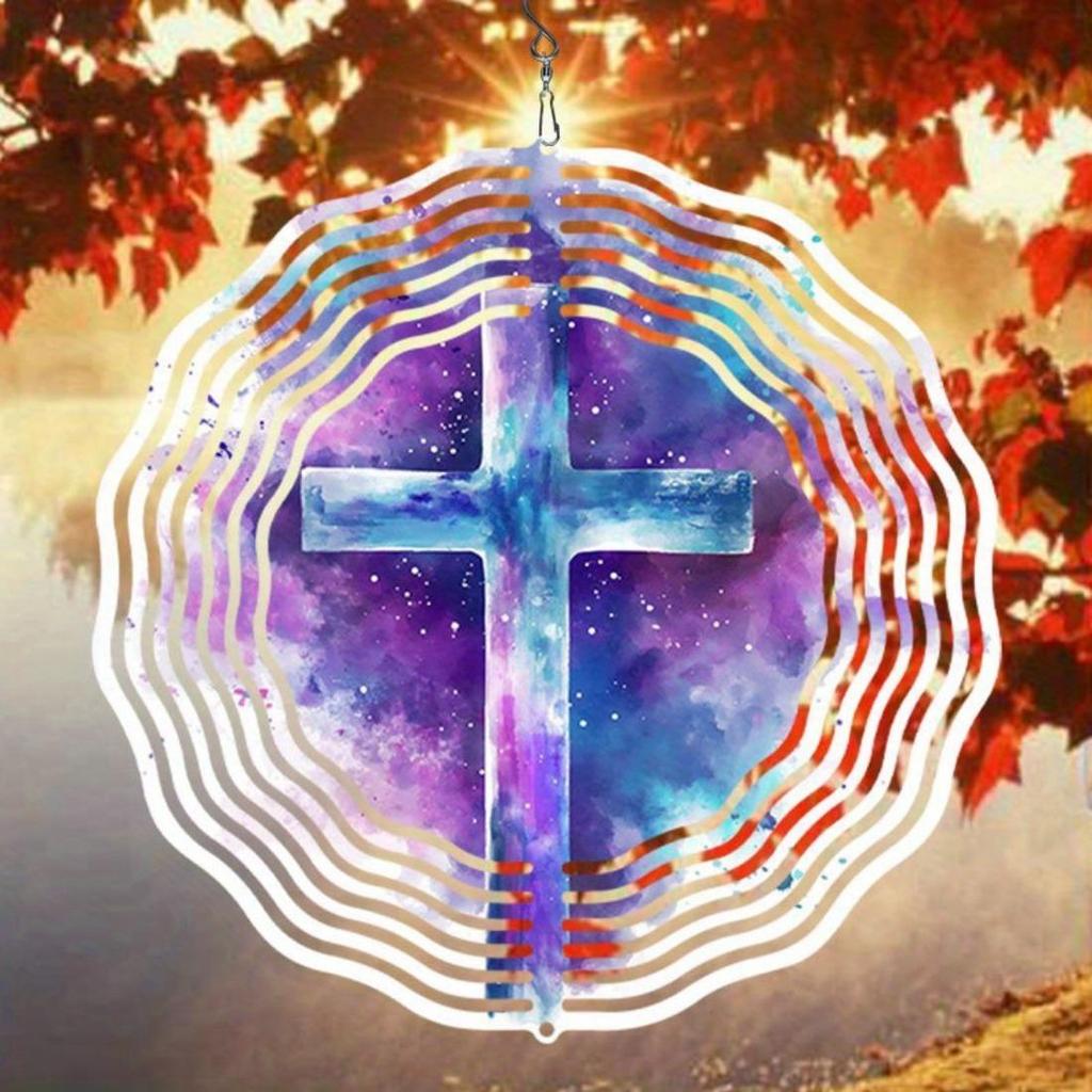 1pc Purple Fantasy Cross Pattern Mandala Wind Chime - Durable Metal, Cosmic Design with Swirling Blue & Purple Hues, Perfect for Garden