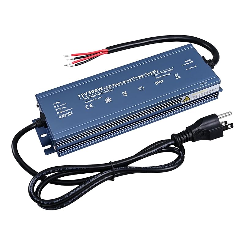 LED Driver 12V 300W Outdoor IP67 Waterproof Power Supply, Transformer Adapter AC100V-130V to DC12V 25A Output, with 3 Prong Plug for Indoor Outdoor