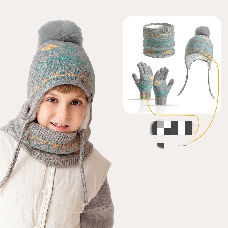 Three Piece Set of Children's Hats, Scarves, Gloves, Winter Warm Acrylic Knitted Ear Protection Hat