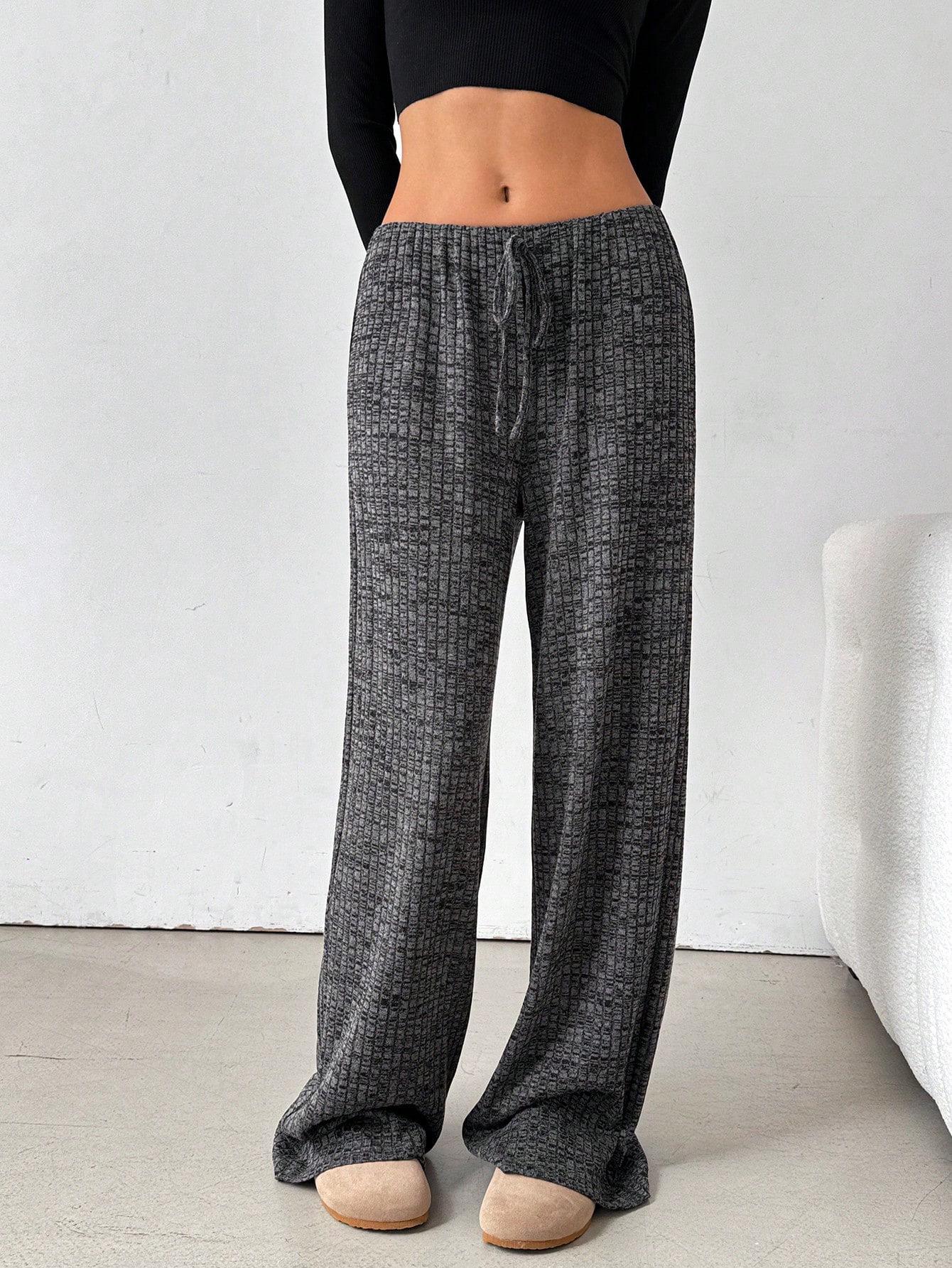 

2026 Spring/Autumn Women s Casual Striped Solid Color Elastic Waist Drawstring Cotton Straight Leg Pants Medium