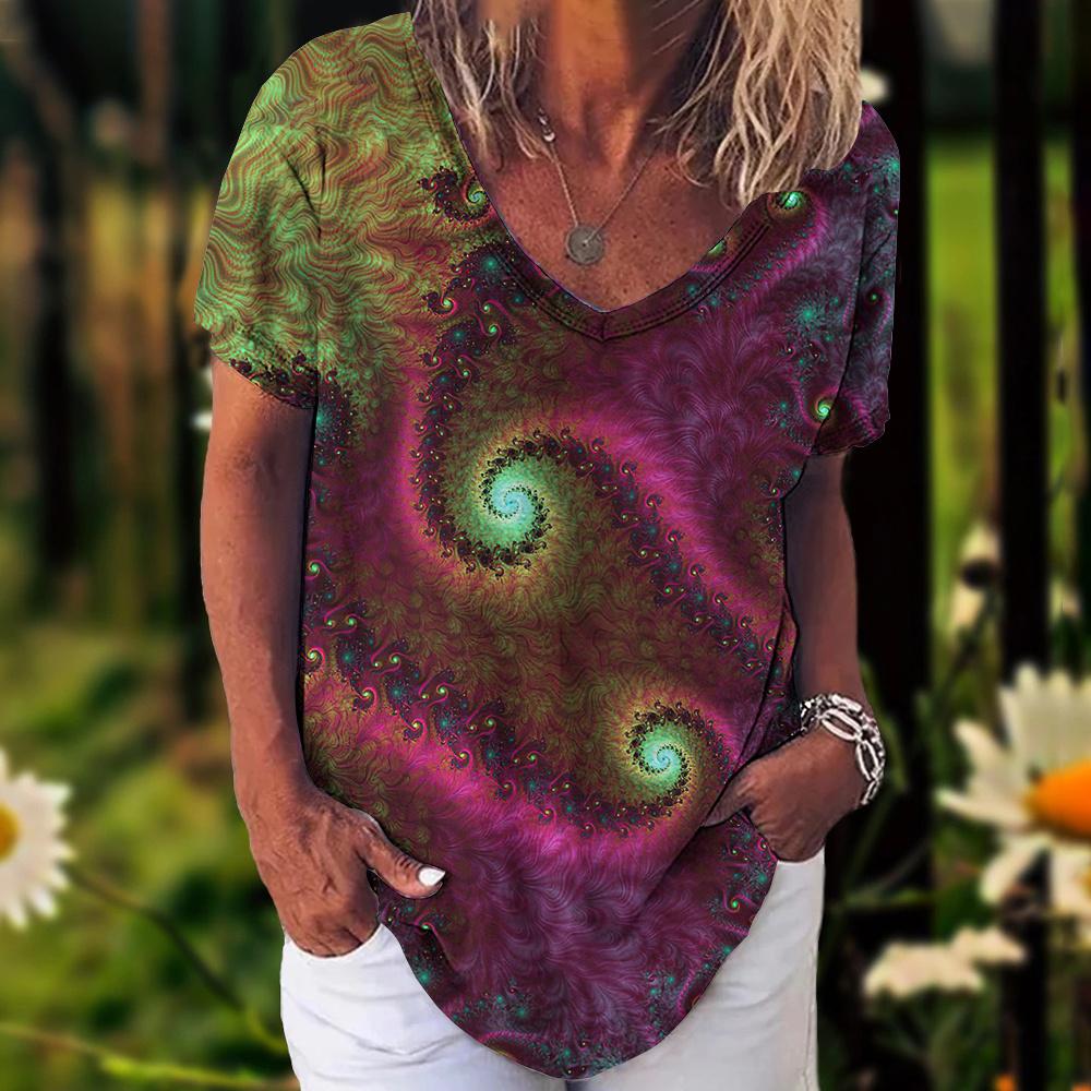 Summer New Women T Shirt 3d Flower Print V-neck Short Sleeve Blouse Fashion Plus Size T-shirts For Women Clothing Y2k Female Tee
