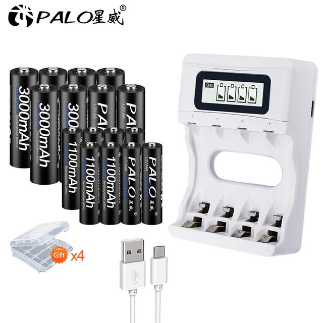PALO AA 1.2v Rechargeable Batteries + AAA rechargeable battery for toys + 1.2V Battery charger for 1.2V Ni-MH AA AAA battery