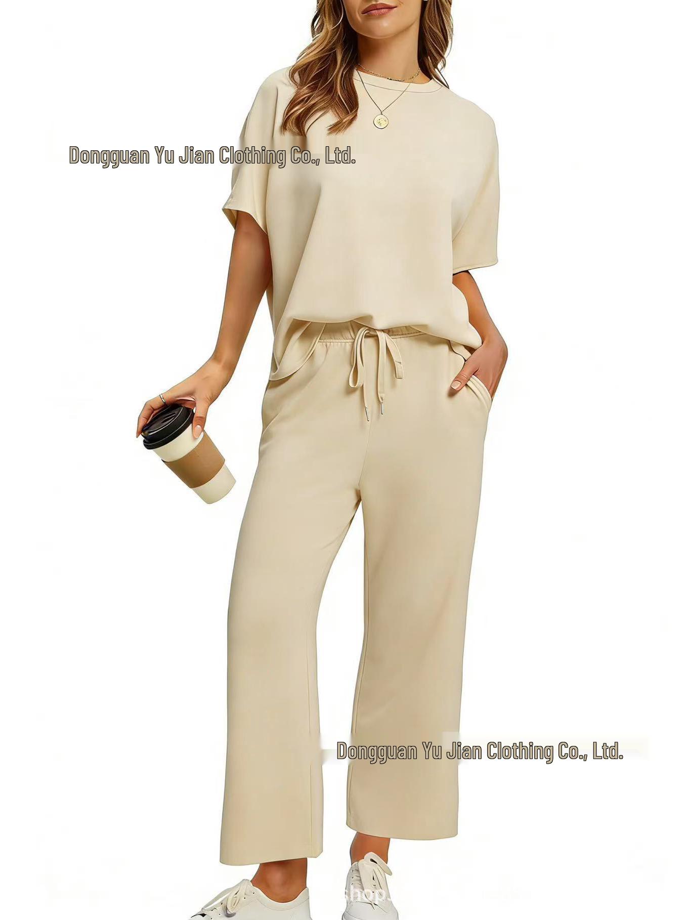 

2026 Spring/Summer Women s Casual Set: Short-sleeve Top & Elastic Waist Wide-leg Pants L абрикосовий