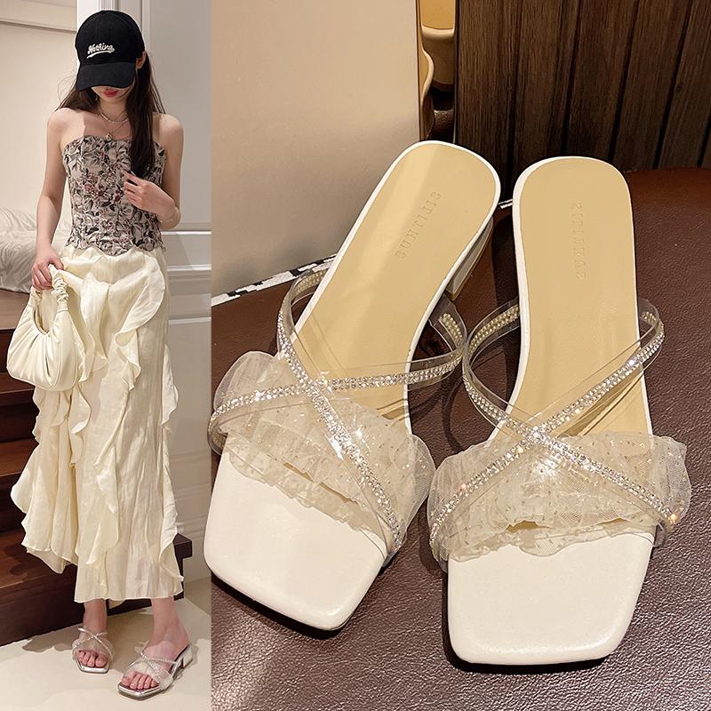 Fashion Shoes Transparent Slippers Slipers Women Square heel Slides Jelly Flip Flops Fashion 2025 Summer Block Glitter Luxury Crystal