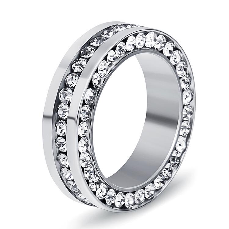 European Fashion 6MM Triple-Sided Inlaid Diamond Stainless Steel Couple Ring for Women Size 6