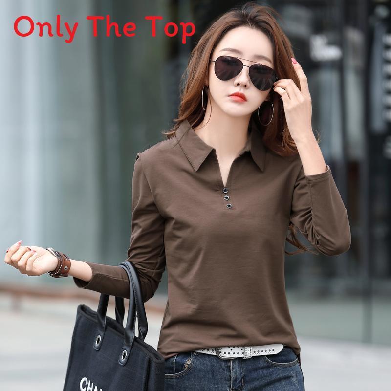 Elegant Long Sleeve Polo T Shirt For Women With Spliced Design Made Of Cotton And Spandex For Office Wear