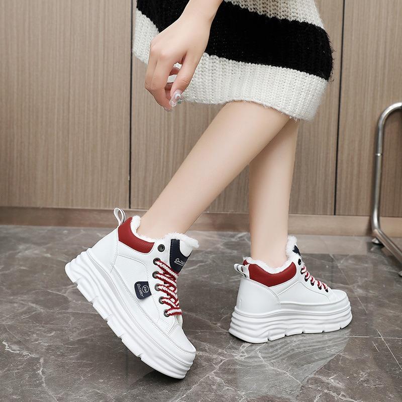 Women's Shoes Plus Velvet Thickened Inner Heightening Sneakers Color Matching Thick-soled Sponge Cake Heightening White Shoes