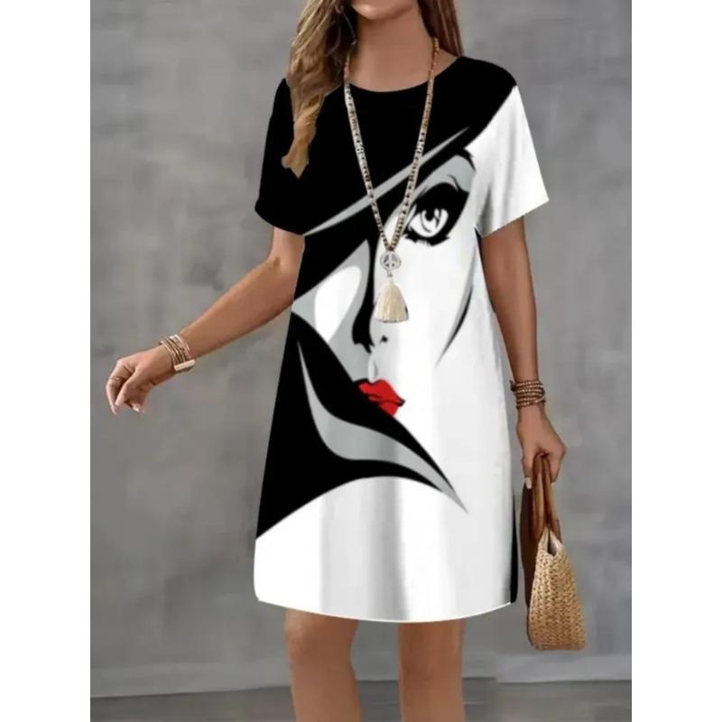 Summer Ladies 3D Printed Short Sleeve Dress Fashion Versatile Trend Breathable Casual