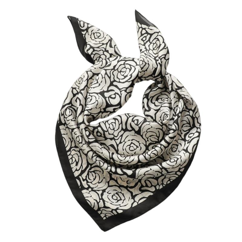 

Camellia Flower Silk Scarf Elegant Shawl Wrap Square Kerchief Fashion Accessory 70x70cm Size for Women Various Occasion чорний