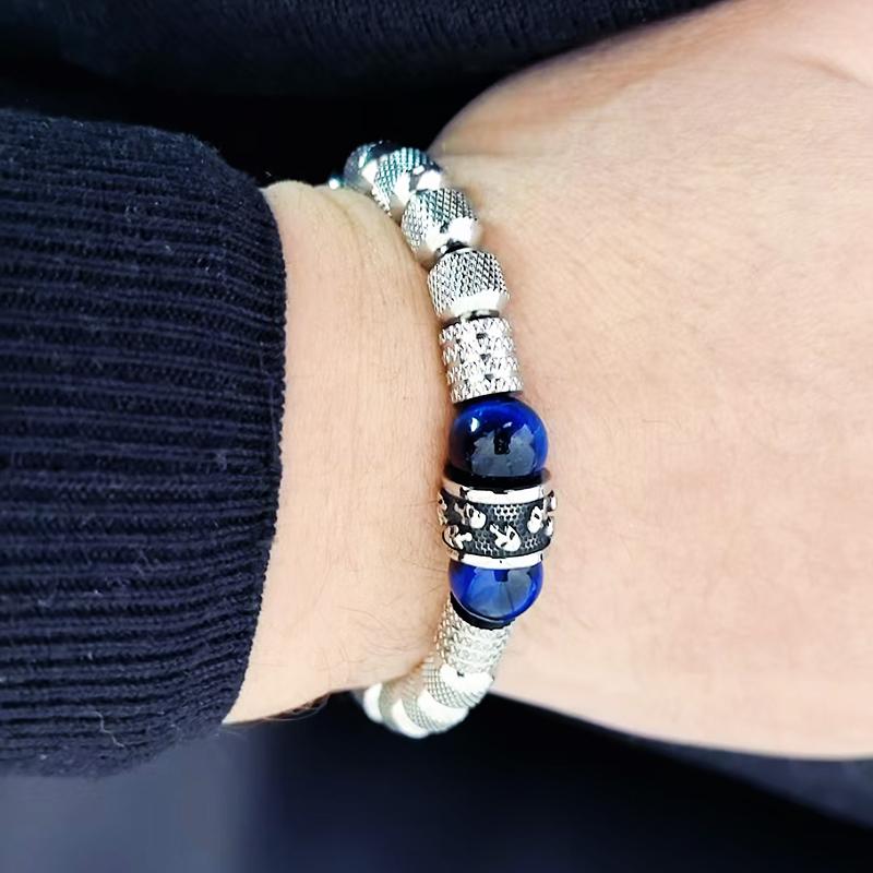 Luxury Tiger Stone Stainless Steel Beads Skull Charm Man Bracelet Handmade Jewelry Men Gift
