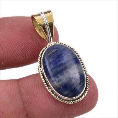 Natural Sodalite Gemstone 925 Solid Sterling Silver Two Tone Pendant 1.25" k8I46