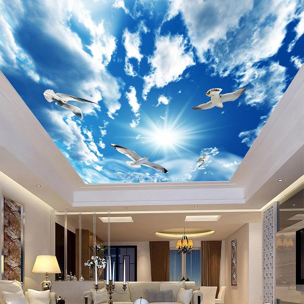Blue Sky Wallpaper White Clouds Mural Sunshine Seagull Ceiling Wall Mural Living Room Bedroom Wallpaper
