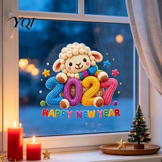 Removable Holiday Stickers Chinese New Year Window Stickers, 2027 Goat Static Clings, Reusable Festival Atmosphere Decals Crochet Knit Lamb Decor for