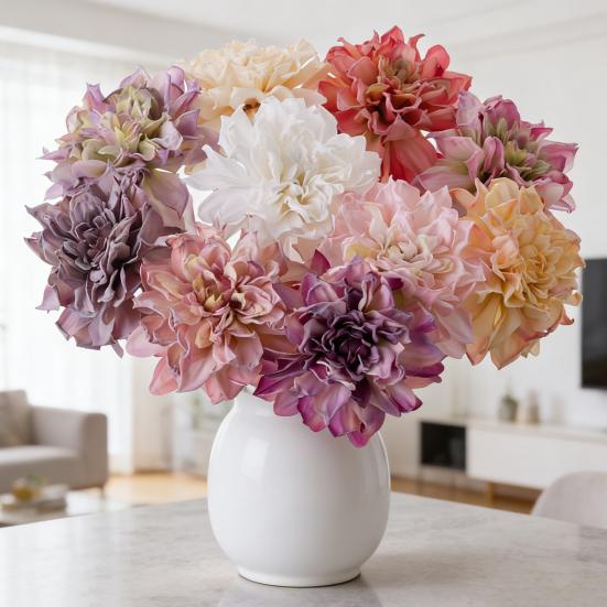 6 Stück Künstliche Dahlienblumen 11" Falsches Seiden-Dahlien-Bouquet mit Stiel für Hochzeitsbouquets Zuhause Büro Tischmittelstück Blumengestecke