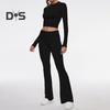2 Pcs/Set Women Top Pants Suit Skinny High Waist O Neck Long Sleeves Pure Color Stretchy Soft Breathable Yoga Bell Bottoms T-shirt Set Spring Summer
