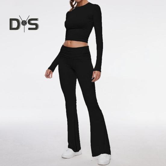 2 Pcs/Set Women Top Pants Suit Skinny High Waist O Neck Long Sleeves Pure Color Stretchy Soft Breathable Yoga Bell Bottoms T-shirt Set Spring Summer