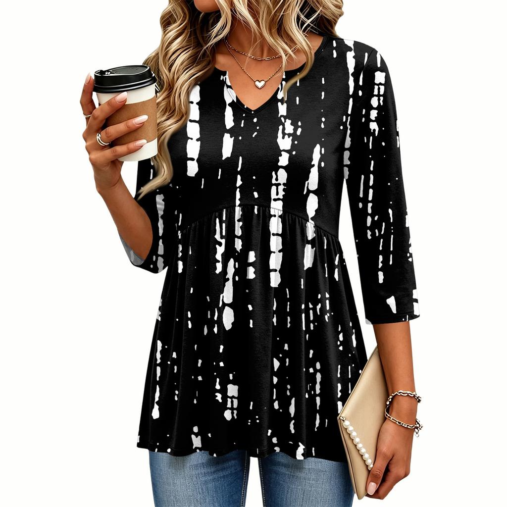 Women's Casual Plaid Print V-Neck Three-Quarter Sleeve Blouse for Everyday Wear