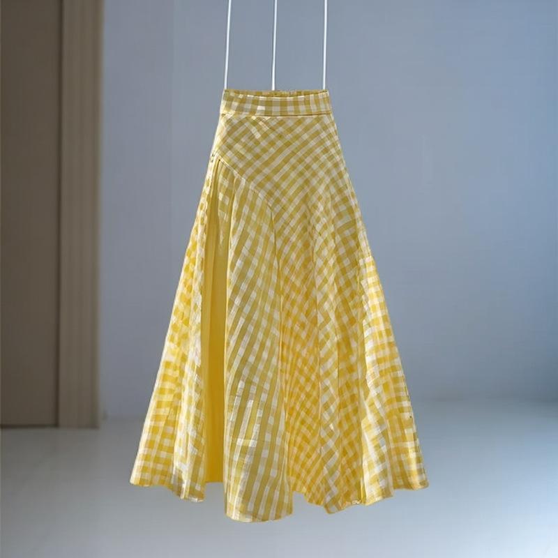 Spring Summer Skirt Dopamine Yellow Waist Plaid Design Long Skirt for Women