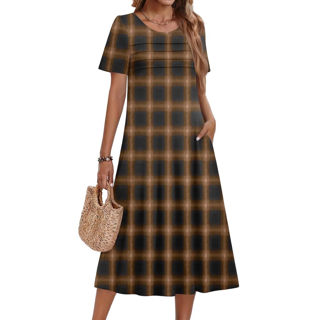 Damen kariertes bedrucktes lässiges und modisches kurzärmeliges Rundhalskleid