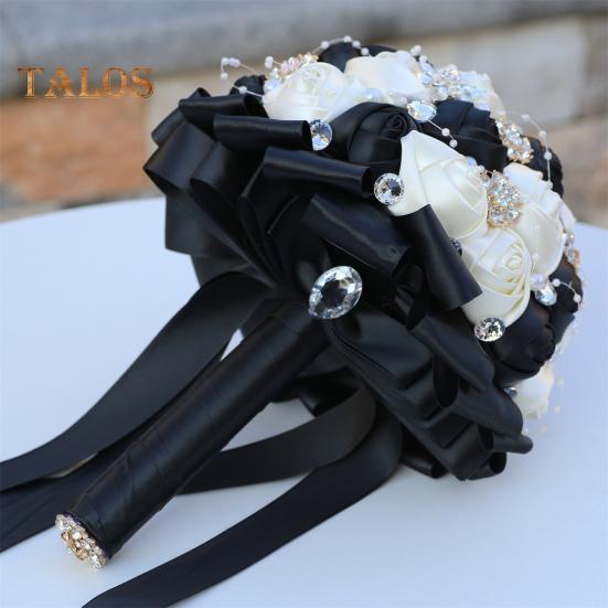 Wedding Bouquet for Bride Satin Artificial Flower Bridal Bouquet with Rhinestones Faux Pearls Bridesmaid Flower Bunch with Handle for Wedding