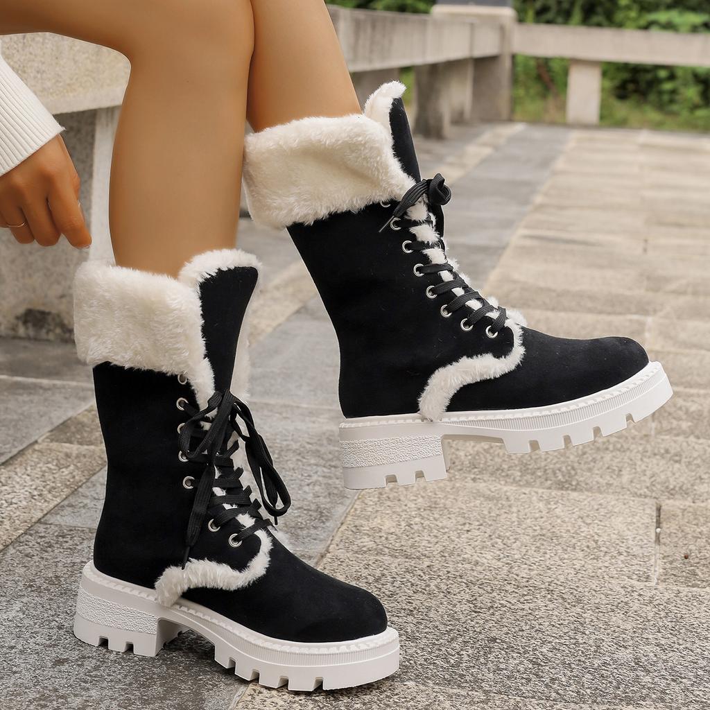 Módní Zateplené Plyšové Dámské Sněhule 2025 Nové Sněhule do Poloviny Lýtka na Šněrování Platforma Kotníkové Boty z Umělé Kožešiny Dámské Zesílené Bavlněné Boty