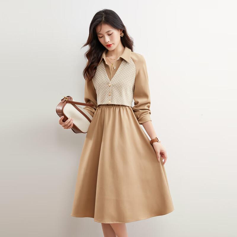 

Iveni 2025 Autumn Faux Two-Piece Retro Midi Dress L