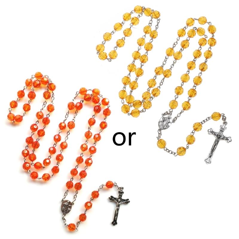 10mm Acrylic Bead Rosary Necklace Vintage Weave Catholic Religious Cross Jesus Pendant Necklaces for Men Women Jewelry Charm
