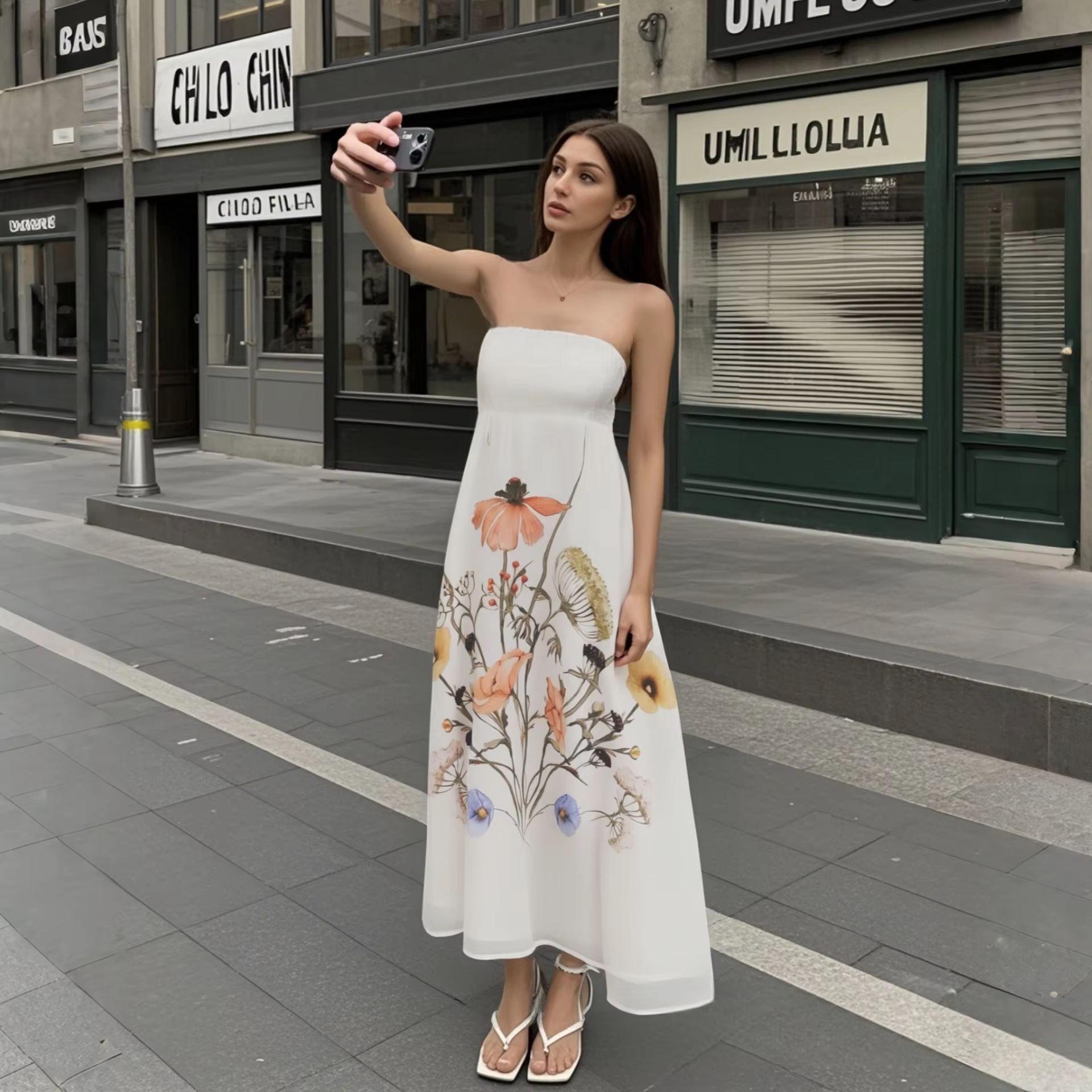 

2025 Spring/Summer Women s Slim Fit Floral Strapless A-Line Dress Large