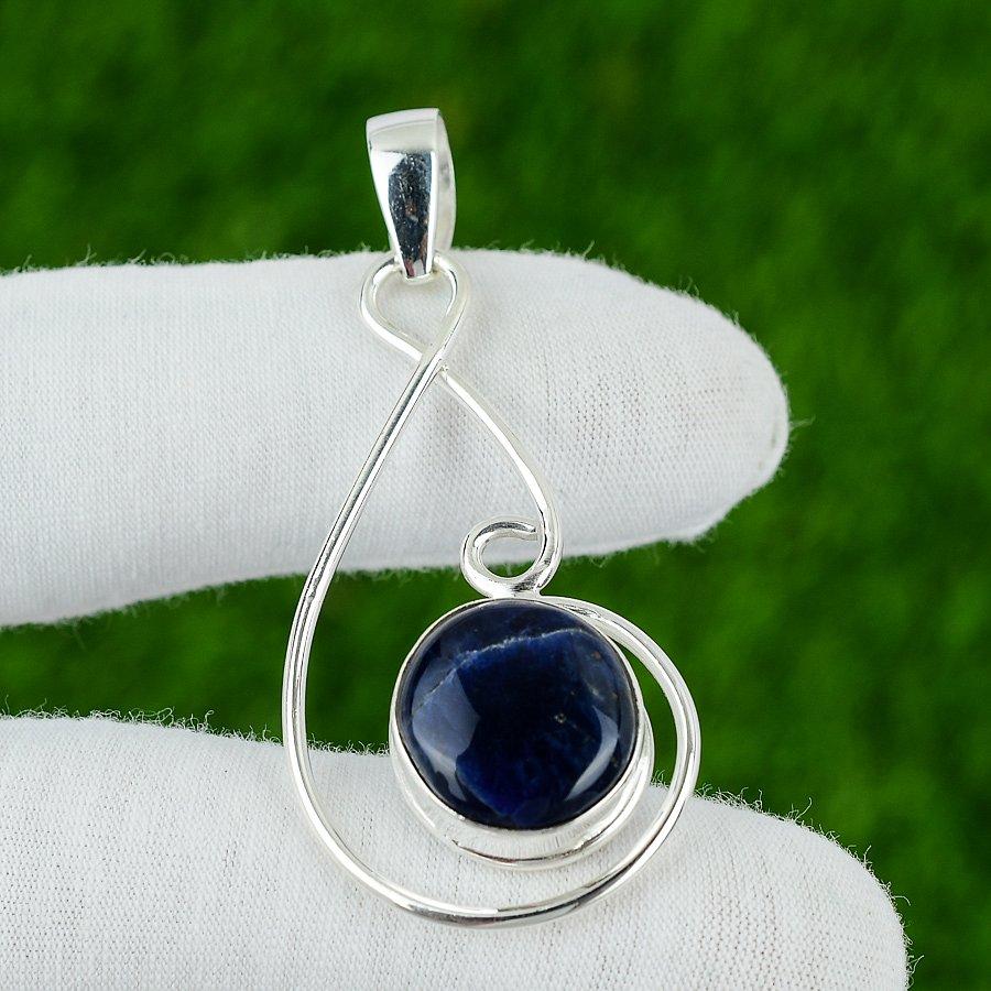 

Round Sodalite Gemstone Sister Bezel Artisan Birthday Pendant Jewelry 925 Silver