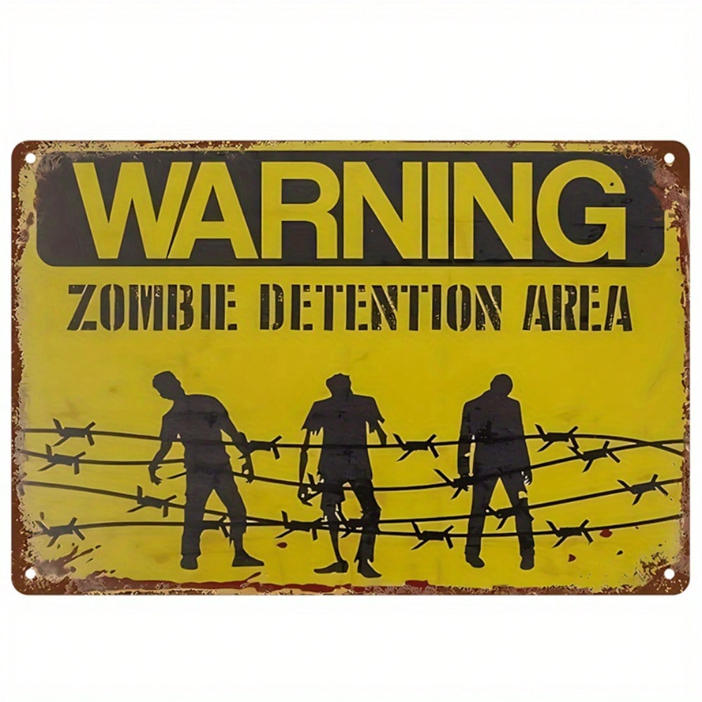 Zombie Jail Warning Vintage Iron Wall Art Black Silhouette Metal Sign 20x30