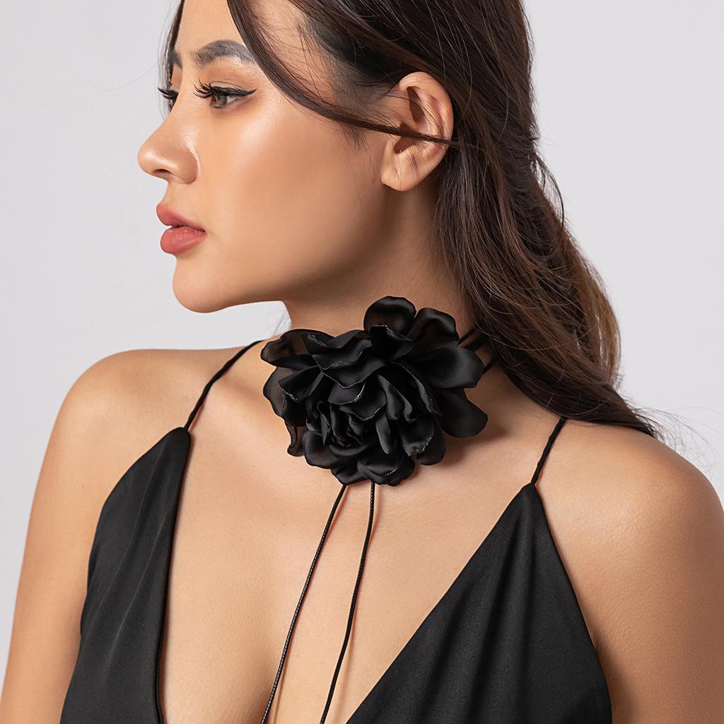 Stylish Retro French Big Flower Chocker Necklace Fringed Lace Tied Neck Chain Female
