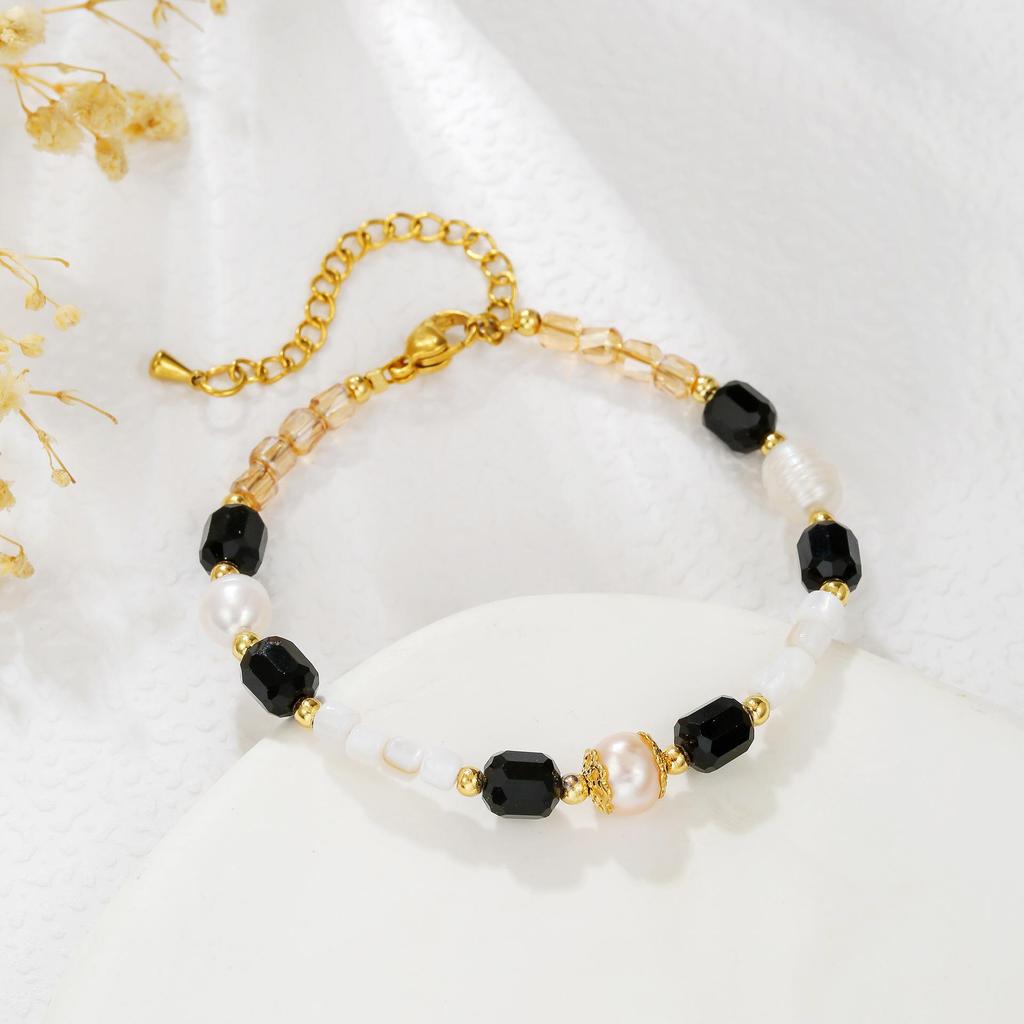 Exquisite Retro Bracelet-Necklace: Freshwater Pearls with Black & Yellow Crystals