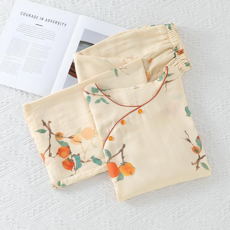 Spring / Summer Thin Chinese National Style Women's Pajamas Loose Bamboo Cotton Seven-quarter Sleeves Loungewear