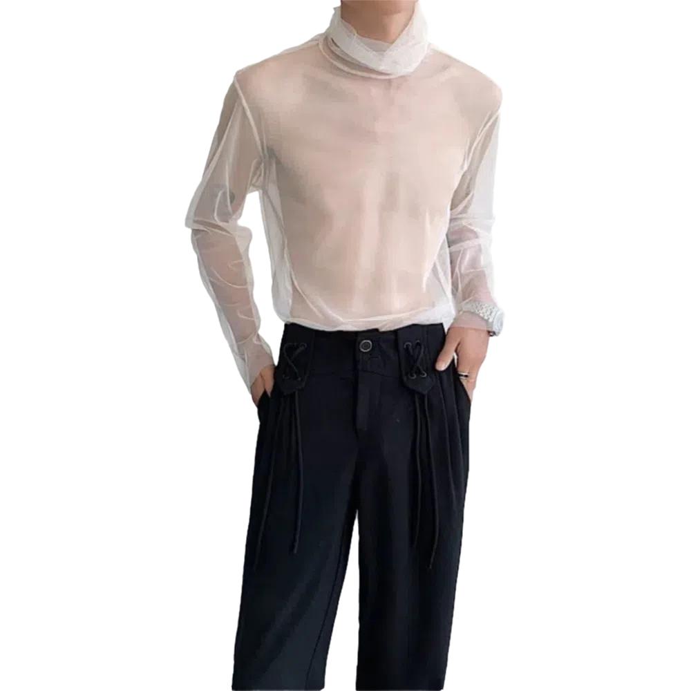 Streetwear Transparent T-shirt See-through Mesh Top Men Creative Long Sleeve T-shirt  Home