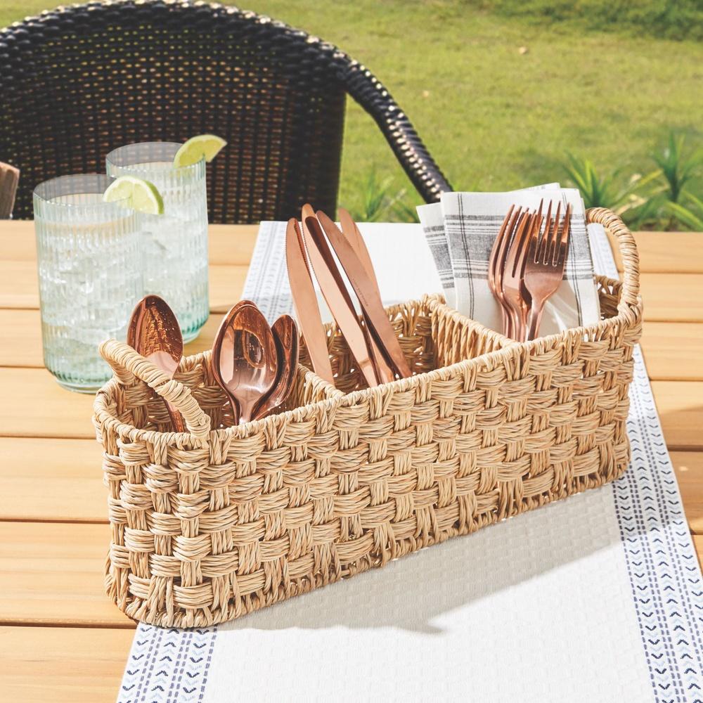 Beige Oval Rattan Utensil Caddy Metal Frame Divided Basket Kitchen Dining Outdoor Storage Condiment Holder Home Organization