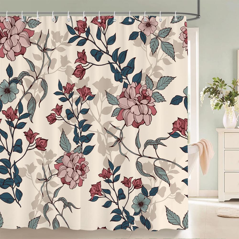Beautiful Watercolor Flowers and Leaves Printed Shower Curtain Polyester Waterproof Bathroom Curtain Home Decoration With Hooks