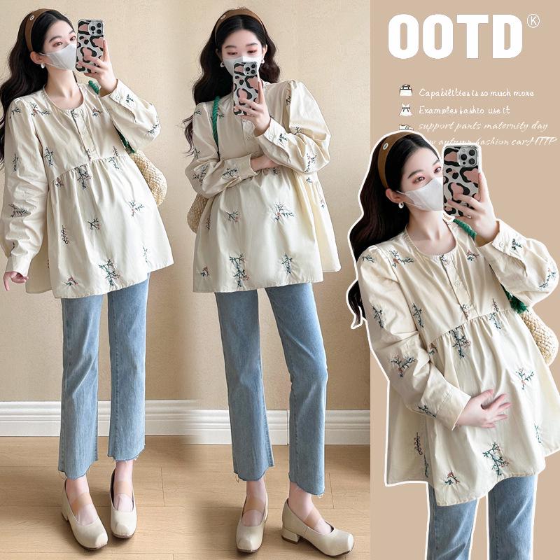 Maternity Retro Embroidery Loose Fit Sweet Doll Top, Plus Size, 2026 Style M