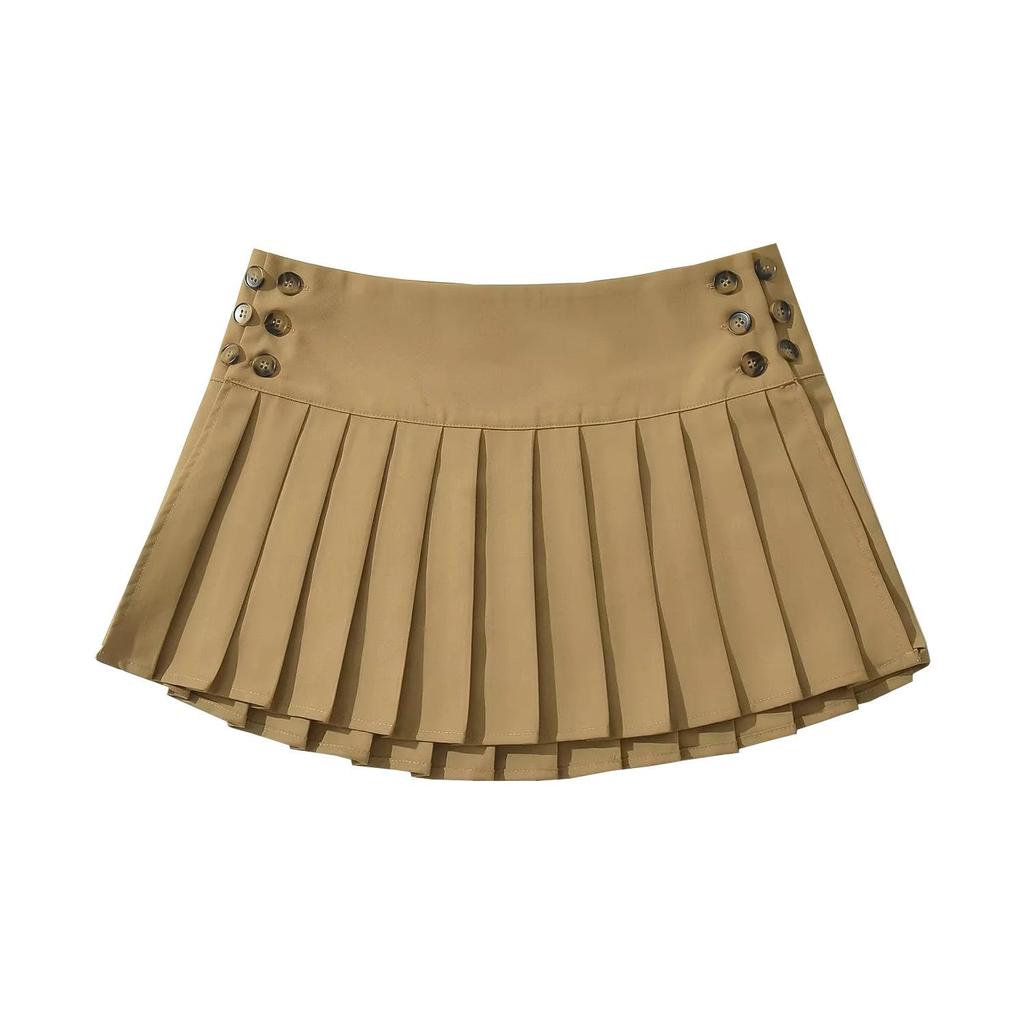 Autumn Chic: Retro A-Line Pleated Mini Skirt with Adjustable Buttons