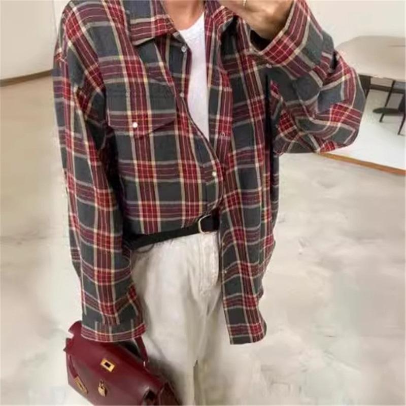 Fashionable Women's Shirts Retro Style Loose Plaid Long Sleeve Versatile Shirt