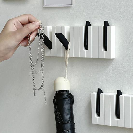 Piano Keys Wall Hooks Wall Mounted Organzier with 4 Hooks Adhesive Piano Design Entryway Hooks for Keys Hats Umbrellas Clothes Bathroom Kitchen