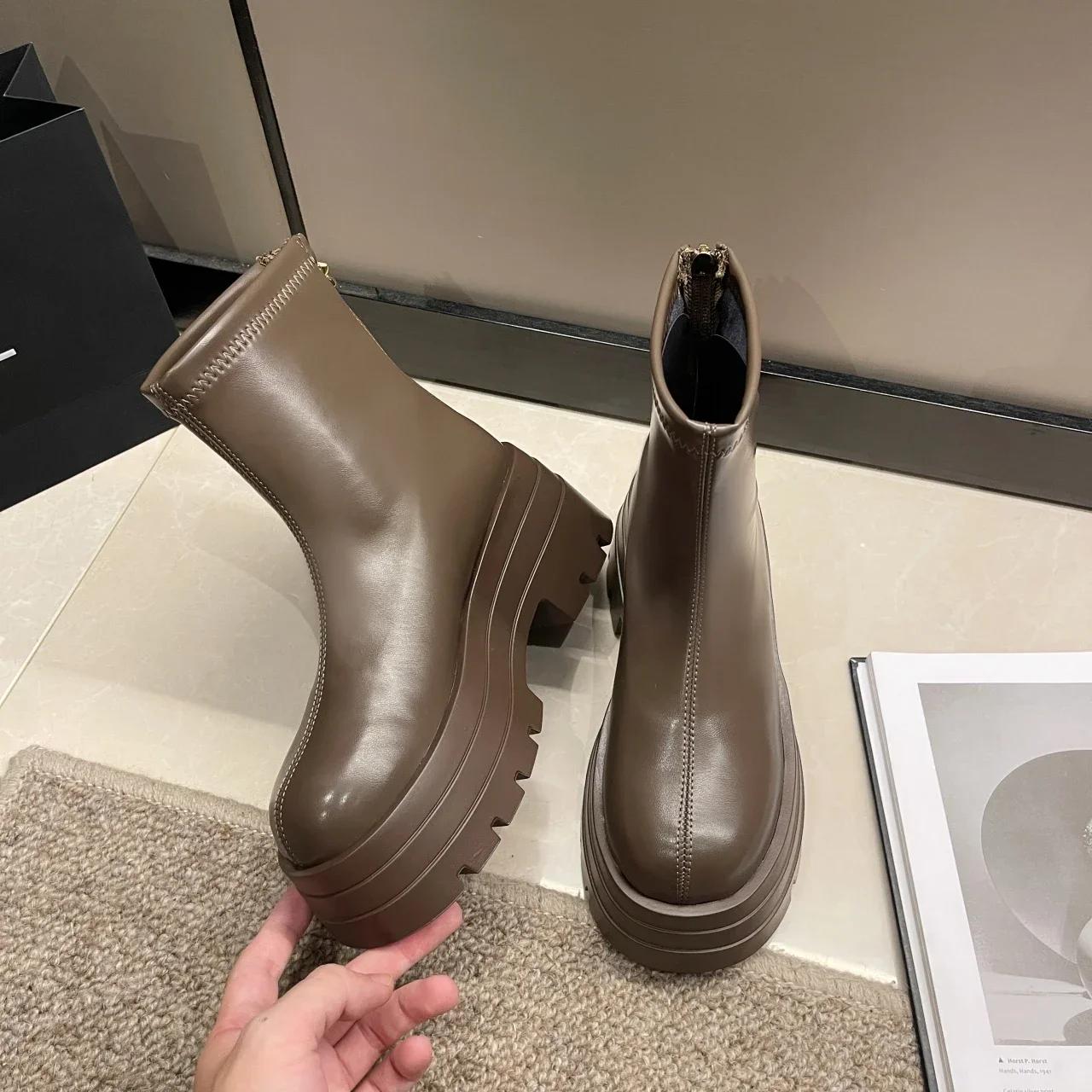 

Модные ботильоны из искусственной кожи на толстой платформе 2024 года, женские короткие ботинки с молнией сзади на толстом каблуке, женские черные панк-сапоги для женщин 40 коричневый