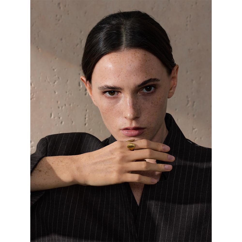 Yhpup High Quality Stainless Steel Metal Shell Stripe Geometric Open Adjustable Ring Texture Fashion Summer Holiday Jewelry