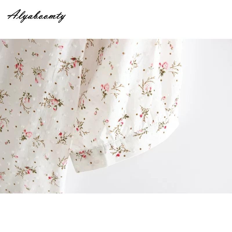 Japanese Mori Girl Summer Women White Sweet Top O Neck Floral Print Casual Loose Blouse Cotton Elegant Half SleeveLadies' Shirt