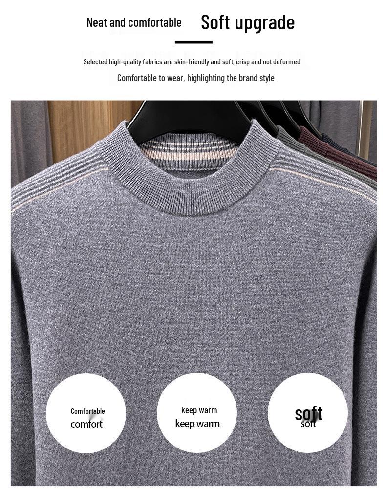 Men's 100% Wool Color Block Round Neck Knitwear - 2025 Autumn/Winter Warm Base Layer