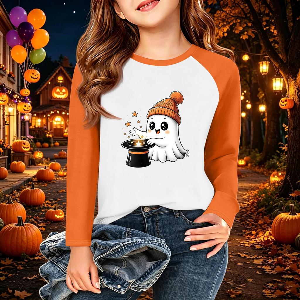 Camiseta Infantil com Estampa de Halloween Manga Longa Casual Gola Redonda para Festa e Uso Diário