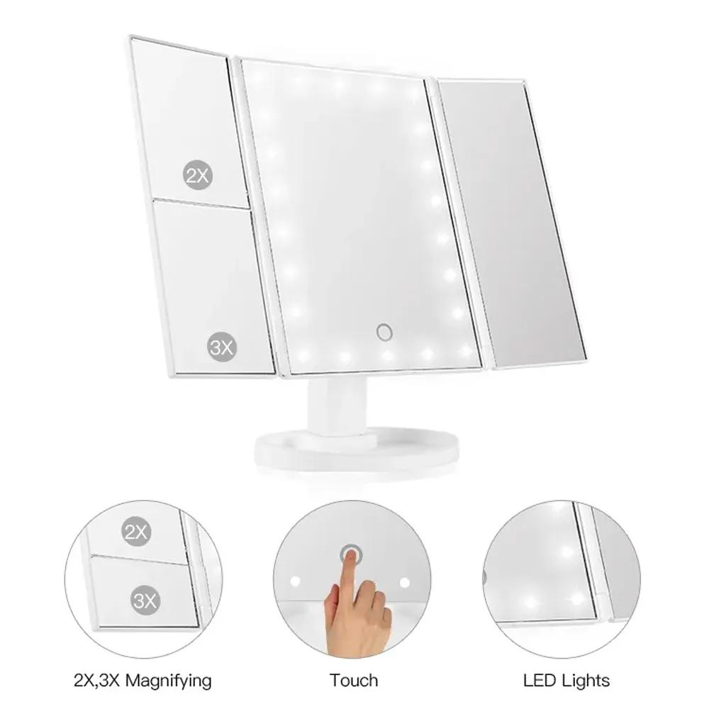 LED Vanity Makeup Mirror with Touch Control, Adjustable Lighting 1X, 2X, 3X Magnification, Trifold Design Ideal Gift for Women