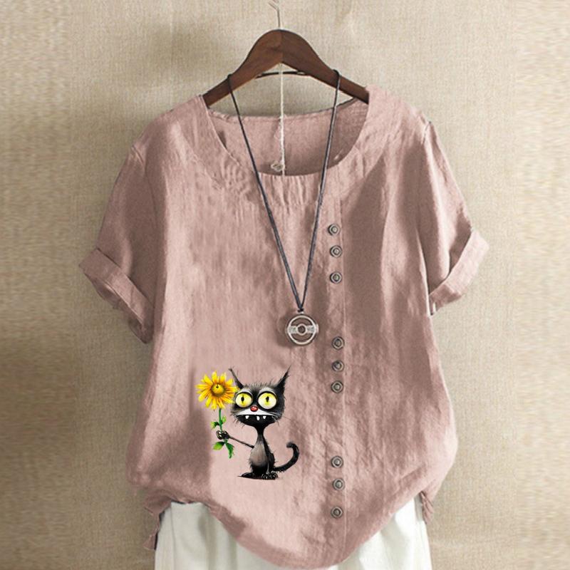 Women's Fashion Sunflower Black Cat Prined Short Sleeve T-shirt Loose Cotton Shirt Casual Loose Summer Blouse Tops Plus Size
