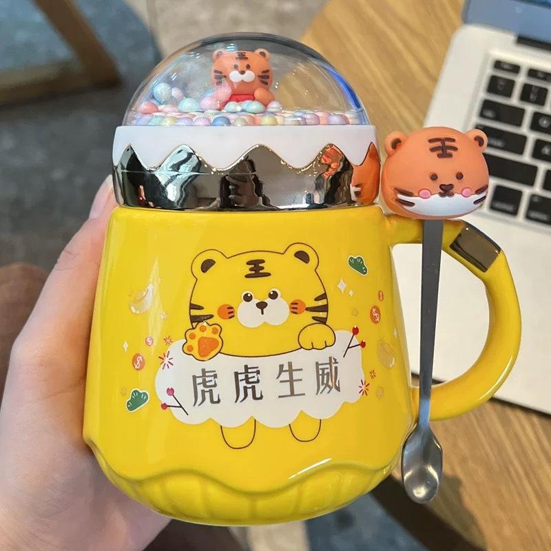 Year of the Tiger Mug with Lid Creative Large Capacity Ceramic Cup Couple Pair Cup Cute Cartoon Coffee Mug for Home Use
