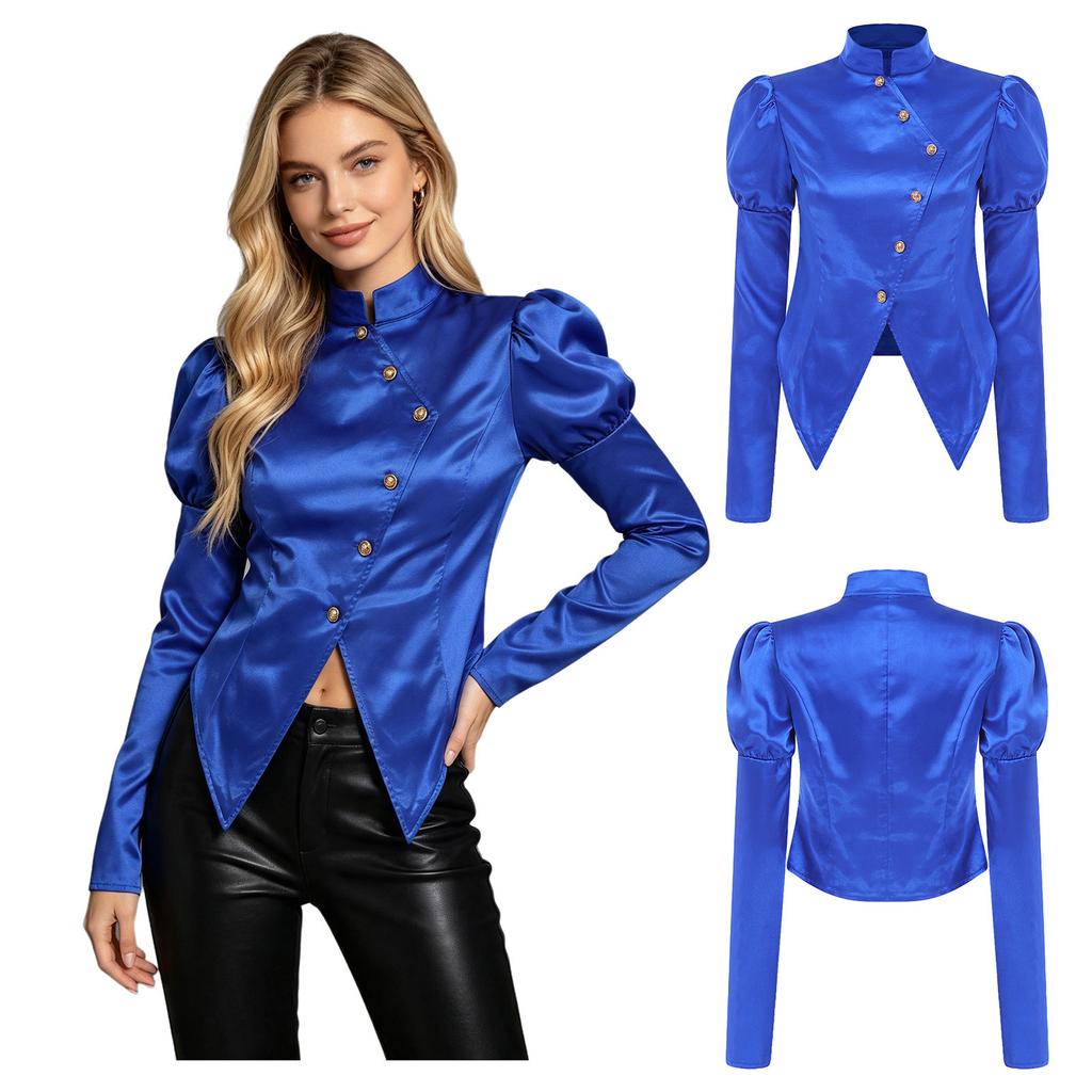 Women Victorian Blazer Stand Collar Long Puff Sleeves Button Satin Jacket Asymmetrical Blouse for Office Business Casual Theme Party